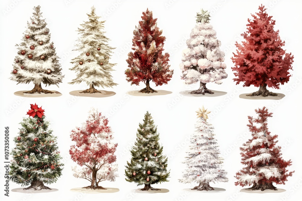 Poster array of traditional and modern artificial christmas trees on display against a plain white backdrop
