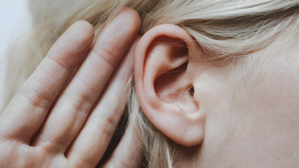 A person listens intently while cupping their hand around their ear to better hear a quiet sound in a calm indoor setting