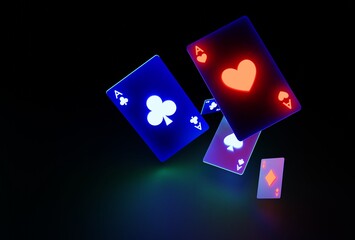Glowing casino cards game on dark black background - 3d render. Flying cards for online casinos and mobile gambling applications, poker - winner, wealth concept