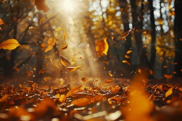 Autumn trees in sunny autumn park lit by sunshine - sunny autumn landscape in bright sunlight. Neural network ai generated art