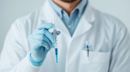 Fototapeta premium A focused scientist in a lab coat holds a syringe, showcasing precision and dedication to medical research and health.