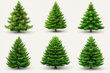 Array of artificial pine trees with different shades and sizes on a plain white background symbolizing diverse holiday decor choices