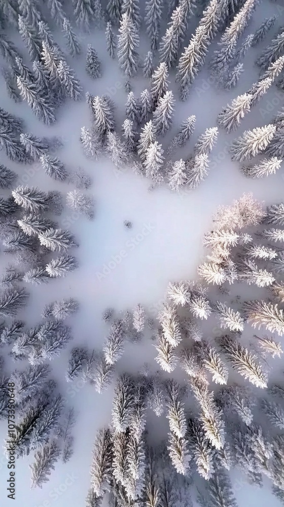 Poster A snowy forest with trees in the foreground and background