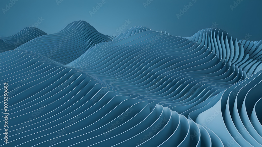Poster abstract blue wave patterns create a serene landscape with flowing curves and lines, evoking a sense