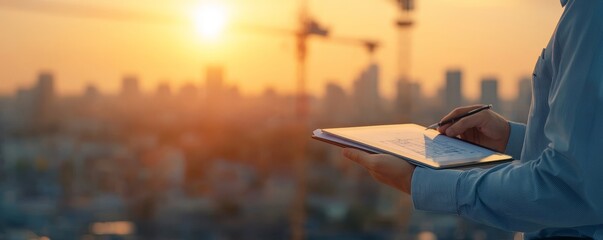 A professional person using a tablet, overlooking a city skyline, with construction cranes in the background at sunset.