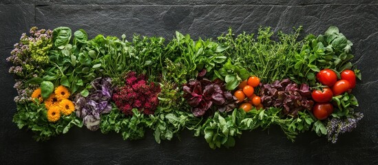 A variety of fresh herbs and vegetables arranged in a row on a black slate background.