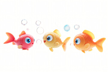 Goldfish jumping out of the water with bubbles around, isolated on a white background