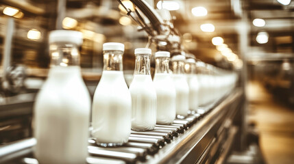 Close-up of fresh milk bottles on a conveyor belt in a modern dairy plant during production and packaging process