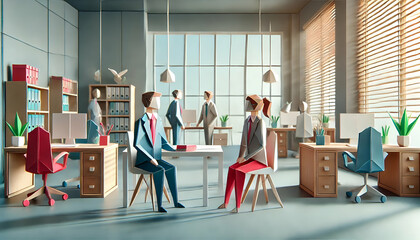Origami Style Modern Office with Professionals Working and Collaborating in Bright Open Space