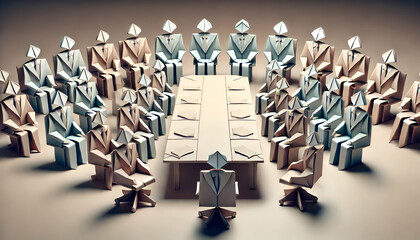 Origami Business Meeting with Abstract Paper Figures Around a Conference Table