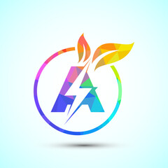 English alphabet A with thunderbolt and leaf. Eco energy saver icon, Nature power electric logo