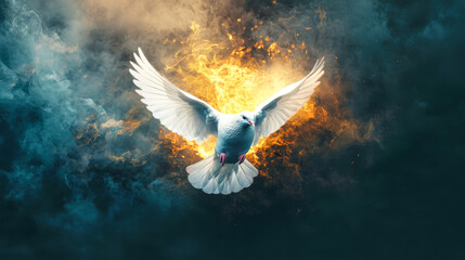 A white dove with spread wings soars out of vibrant flames, captured in a dark, smoky environment, depicting resilience and hope in a dynamic digital artwork