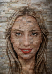 young woman with light eyes and red lips appears embedded in a wall of horizontal stones