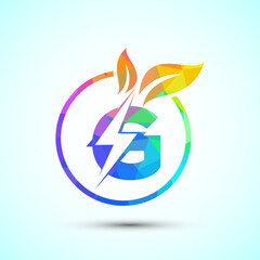 English alphabet G with thunderbolt and leaf. Eco energy saver icon, Nature power electric logo