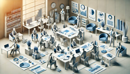 Spacious open-plan office with multiple employees working at desks in a minimalist design setting featuring computers, chairs, shelves, and potted plants in neutral tones