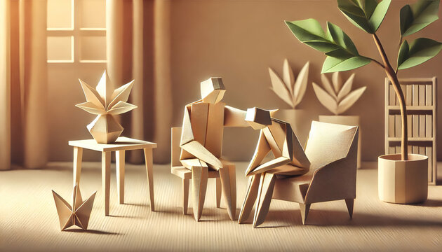 Comforting moment between two origami figures in a warm, minimalist room with plants and soft sunlight