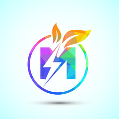 English alphabet M with thunderbolt and leaf. Eco energy saver icon, Nature power electric logo