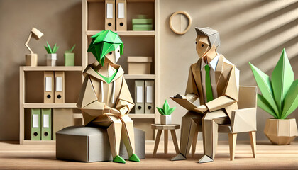 Origami-style school counseling session with a counselor and student in a calm office setting featuring green plants and natural light






