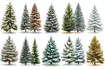 Assortment of frosted Christmas trees in various sizes and hues placed against a white background for a natural winter decor arrangement