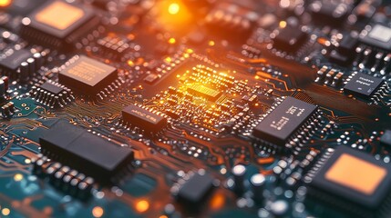 Obraz premium Complex pattern of electronic microchips with highlighted pathways, suitable for backgrounds related to AI, computing, and digital innovation