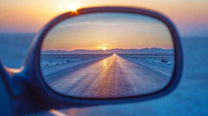 Reflecting sunset view from a car side mirror on a long open road during evening hours near distant mountains
