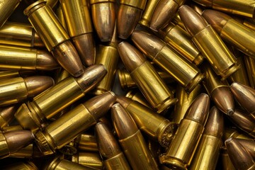 Naklejka premium Big amount of pistol and rifle new bullets in pile. Neural network ai generated art