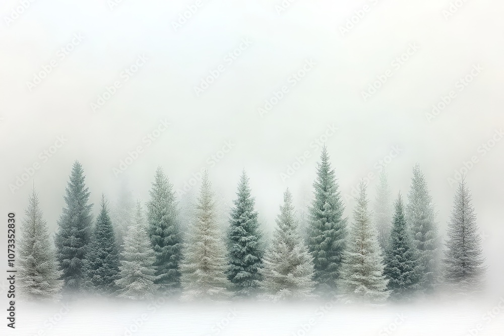 Poster foggy landscape with a line of tall dense evergreen trees creating a mysterious and tranquil winter 