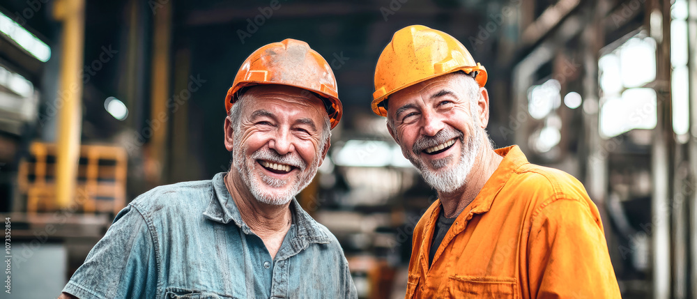 Poster two middle-aged factory workers in safety helmets enjoying a conversation while sharing a laugh in a