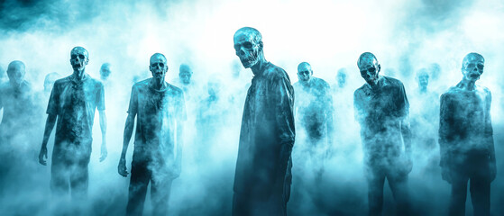 A chilling line of pale blue-skinned zombies with empty eyes standing in misty light, capturing the eerie essence of dark fantasy horror