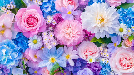 blossom flowers blooming floral festive bouquet wall fashion blue purple white background. 3D fashion pastel beautiful card wallpaper