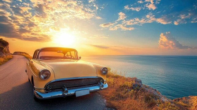 Vintage yellow car parked on a coastal road during sunset by the ocean