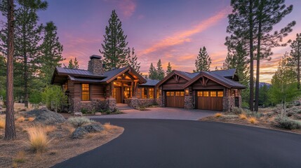 Obraz premium Charming log cabin nestled in serene forest with vibrant sunset sky illuminated by warm tones and surrounded by tall pine trees in tranquil setting