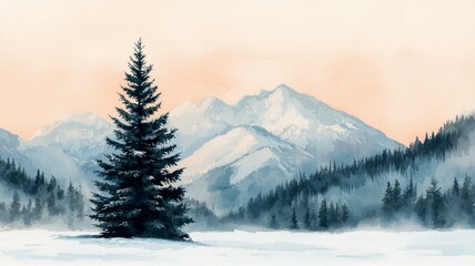 Obraz premium A serene winter landscape featuring snow-covered mountains and a tall evergreen tree.