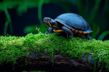 Fototapeta premium A serene turtle resting on a moss-covered log in a tranquil aquatic environment.