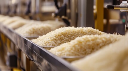 A close-up view of bags of rice on a production line, showcasing the texture and granularity of the grains in a food processing environment.