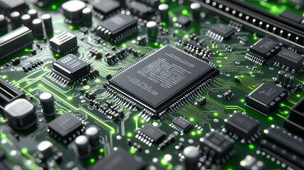 Obraz premium Complex pattern of electronic microchips with highlighted pathways, suitable for backgrounds related to AI, computing, and digital innovation