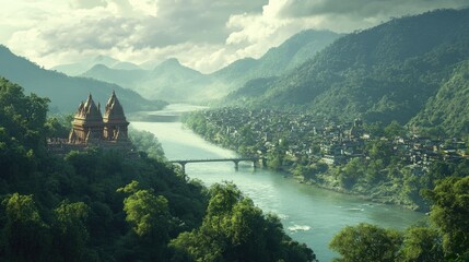 Serene view of a temple nestled on a hill overlooking a town and winding river, surrounded by lush greenery.