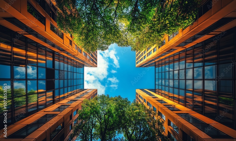 Poster a view of the sky looking up between tall buildings with green trees in the foreground.