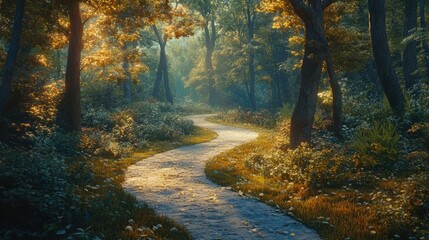 Obraz premium A winding path through a lush forest, bathed in the golden light of the setting sun.