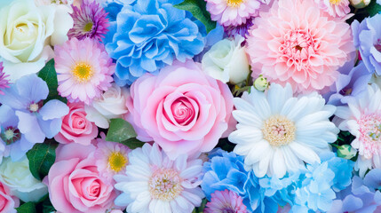 blossom flowers blooming floral festive bouquet wall fashion blue purple white background. 3D fashion pastel beautiful card wallpaper