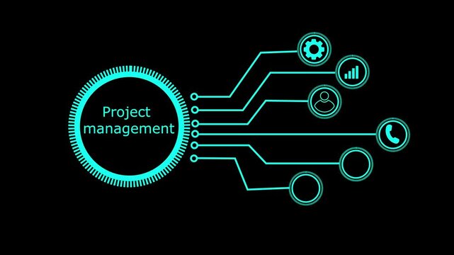 Project Management business concept on a flashing computer monitor with moving graphs and data. Dark background.