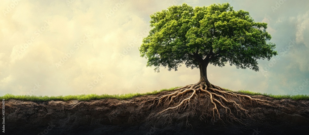 Poster a single tree with green leaves growing from soil with visible roots. the sky is cloudy.