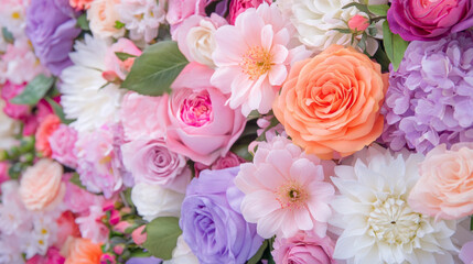 blossom flowers blooming floral festive bouquet wall fashion pink purple white background. 3D fashion pastel beautiful card wallpaper
