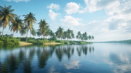 Obraz premium Palm trees line a tranquil river in a tropical paradise.