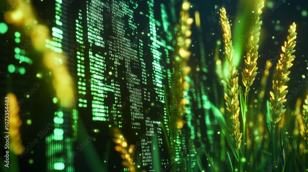 Poster a vibrant blend of technology and nature, featuring digital binary code intertwined with golden whea