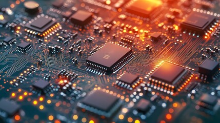 Obraz premium Seamless microchip texture, showcasing electronic circuit designs with intricate details, providing a modern tech-inspired backdrop for various digital projects