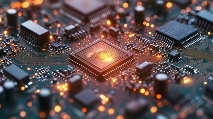 Obraz premium Seamless microchip texture, showcasing electronic circuit designs with intricate details, providing a modern tech-inspired backdrop for various digital projects