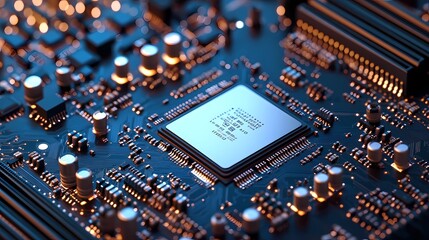 Obraz premium Seamless microchip texture, showcasing electronic circuit designs with intricate details, providing a modern tech-inspired backdrop for various digital projects