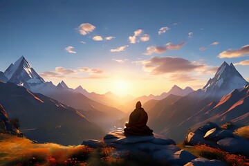 Meditating Figure at Sunset in Mountain Landscape