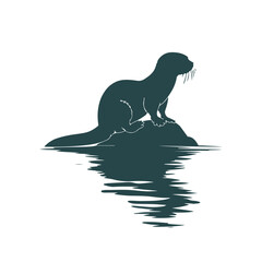 Black silhouette of Sea otter illustration icon vector for logo, isolated on white background.